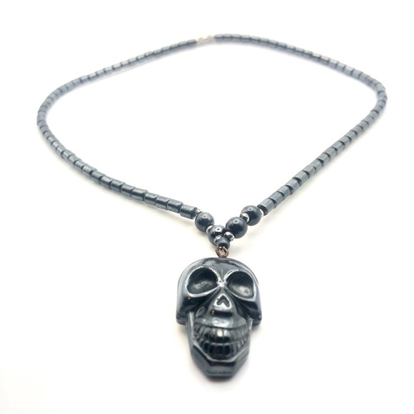 VTG Hematite Beaded Skull Necklace Silver Tone Clasp 18” + 1.5” Pendant - Picture 3 of 5